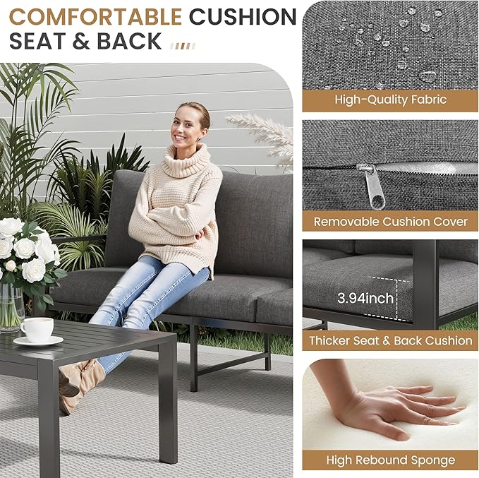 Aluminum Patio Furniture Set, 5 Seats Metal Outdoor Conversation Set Modern Sectional Sofa with Upgrade Cushion and Coffee Table