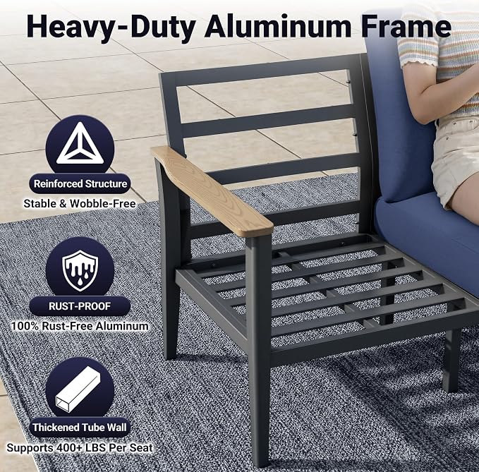 Aluminum Outdoor Patio Furniture Set, 11-Piece Sectional Sofa with 5.1" Thick Cushions, Swivel Rocking Chairs, 55,000 BTU Fire Pit Table, Outdoor Couch for Backyard, Deck, Navy Blue