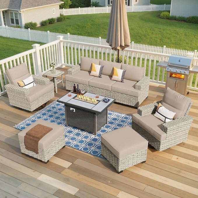 Weaxty 9 Pieces Wide Seats Outdoor Furniture Set, Sectional Couch Swivel Rocking Chair Ottoman Fire Pit Table, Thick Cushion All-Weather Rattan Patio Conversation Sets for Backyard Deck, Beige