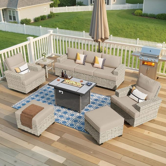 Weaxty 9 Pieces Wide Seats Outdoor Furniture Set, Sectional Couch Swivel Rocking Chair Ottoman Fire Pit Table, Thick Cushion All-Weather Rattan Patio Conversation Sets for Backyard Deck, Beige