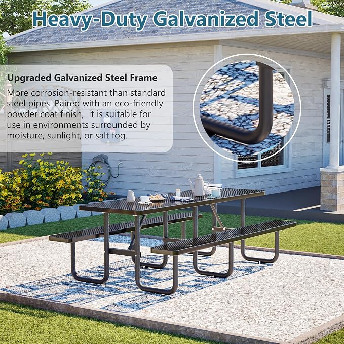 96" Heavy Duty Metal Picnic Table for 10 People, Outdoor Dining with Umbrella Hole, Galvanized Steel Rustproof Frame 882LBS Capacity, Mesh Top for Garden Patio Camping, Black