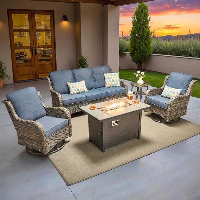 ovios 5-Piece Patio Furniture Set with Swivel Chairs Side Table, Outdoor Wicker Sofa with 42" Fire Pit Table, High Back Couch Modern Conversation Sets, Grey/Denim Blue