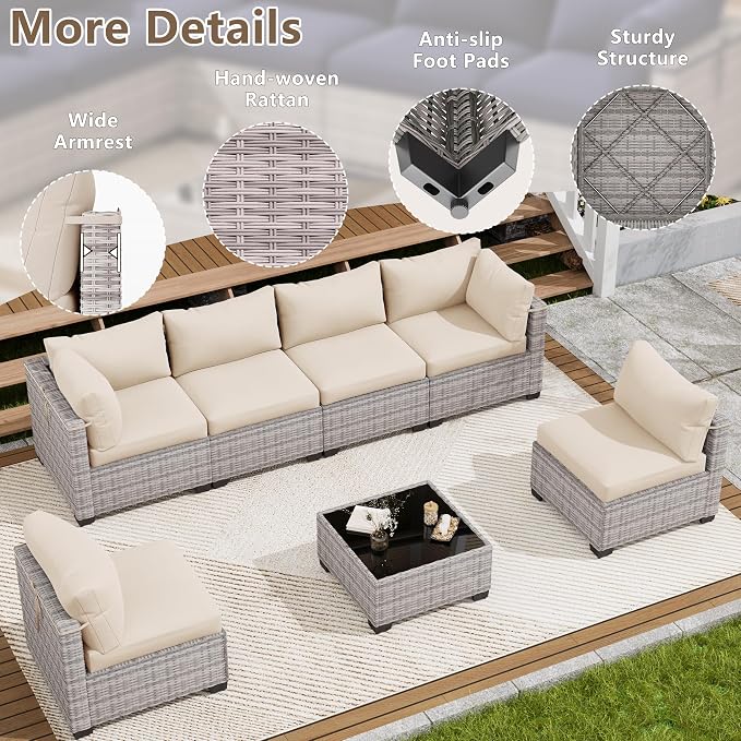 LOUVIXA 7 Piece Outdoor Patio Furniture Set, Outdoor Sectional Sofa, Wicker Rattan Patio Furniture, Patio Conversation Set with Coffee Table & Cushions