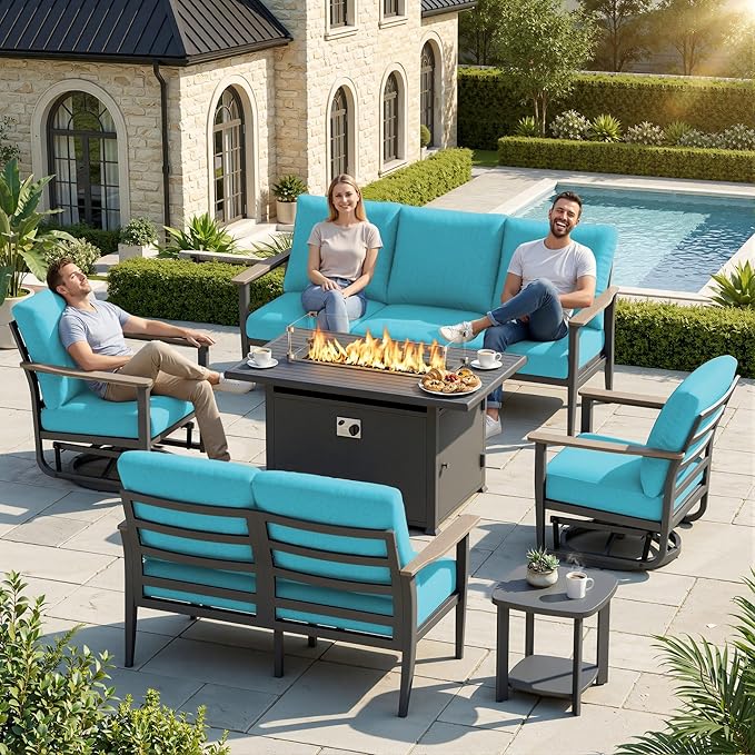 Aluminum Outdoor Patio Furniture Set, 6-Piece Sectional Sofa with 5.1" Thick Cushions, Swivel Rocking Chairs, 55,000 BTU Propane Fire Pit Table, Outdoor Couch for Backyard, Deck, Blue