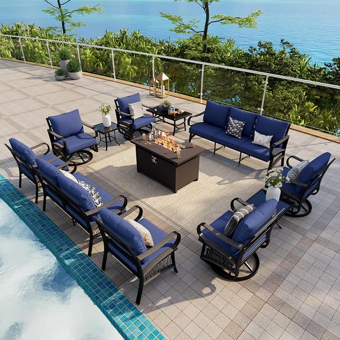 12-Piece Outdoor Furniture Set, Metal Swivel Rocking Chairs with All-Weather Cushions, Patio Conversation Set with Fire Pit Table for Deck, Porch, Garden, Backyard, Poolside (Blue Cushions)