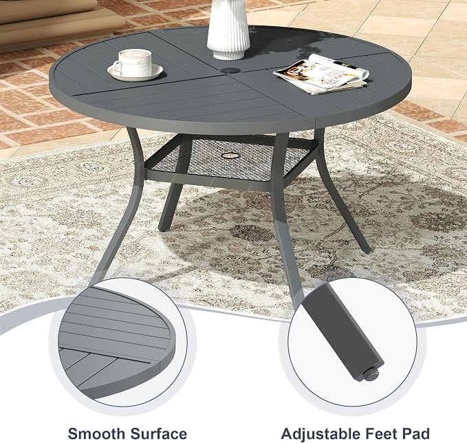 VICLLAX 47.2" Round Patio Dining Table for 4-6, All Weather Metal Outdoor Table with 1.57" Umbrella Hole and Storage Shelf for Garden Lawn Deck, Dark Grey