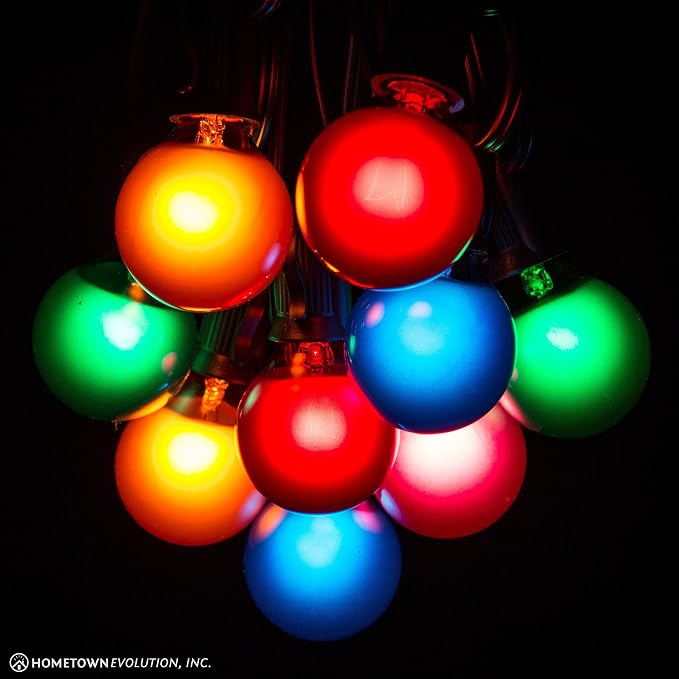 G40 Assorted Satin Pearl Colored String Lights (10 Foot – Black Wire) | G40 Assorted 1.6" Bulbs, Outdoor Globe Patio String Lights