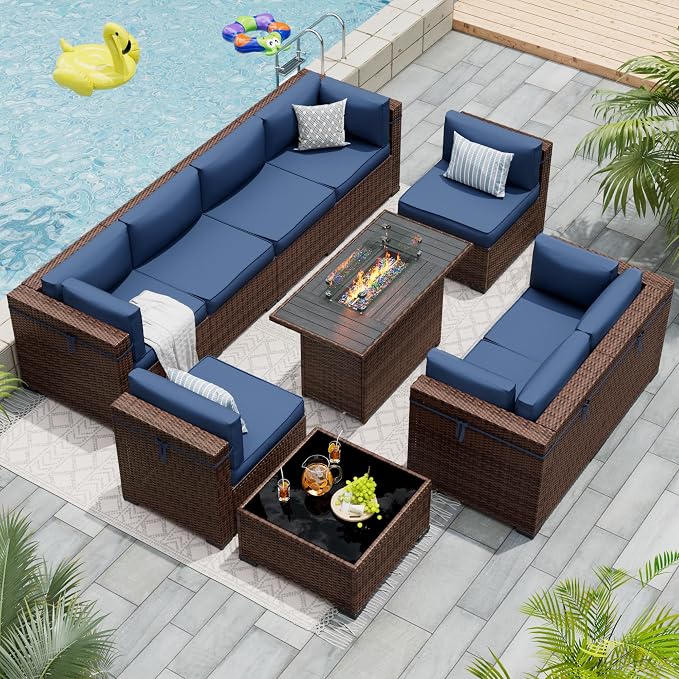 Patio Furniture Set with 44'' Propane Gas Firepit Table, 10 PCS Modular Outdoor Sectional Conversation Sets, All-Weather Wicker Patio Set for Backyard, Navy (Waterproof Covers Included)