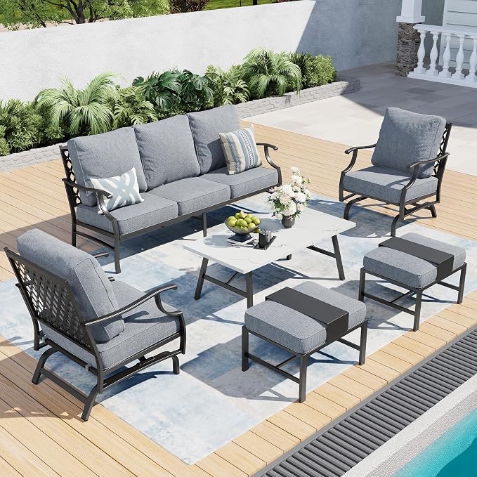 SUNSHINE VALLEY 6 Piece Metal Outdoor Patio Furniture Set, Patio Conversation Set 1 3-seater Sofa, 2 Rocking Chair, 2 Ottomans with 5.75" Thick Cushion and Coffee Table, Black Backyard Furniture, Gray