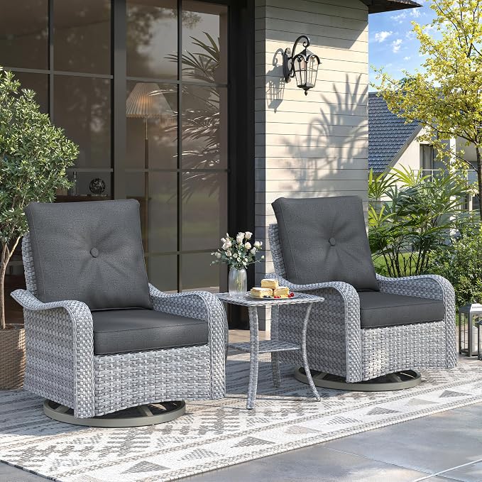 3 Piece Patio Furniture Set with Swivel Rocking Chairs, Outdoor Wicker Conversation Set with 4" Cushions, Glass Side Table, PE Rattan and Rust-Resistant Frame, Black