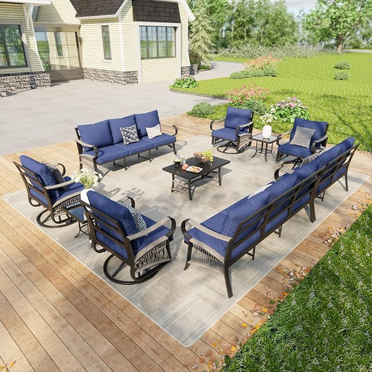10 Pieces Patio Furniture Set, Metal Outdoor Conversation Sets with Swivel Chairs, Modern Couch Sofa Seating Group with Coffee Table and Side Table (Thick Blue Cushions)