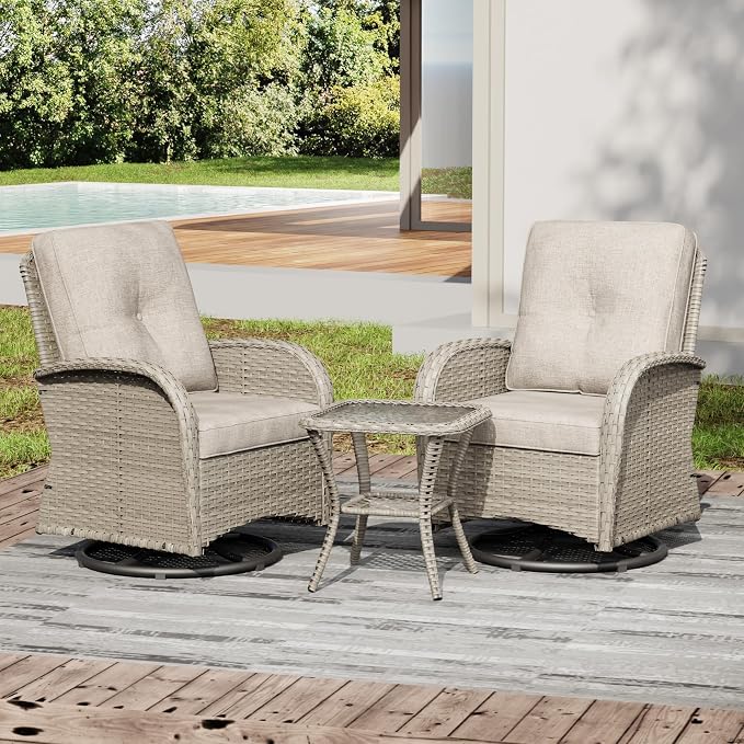 Joyside Outdoor Swivel Rocker Chairs, 3 Piece Wicker Patio Set with Thickened Cushions, High Back, Deep Seating, Wide Armrest, Outdoor Swivel Chairs for Porch, Deck