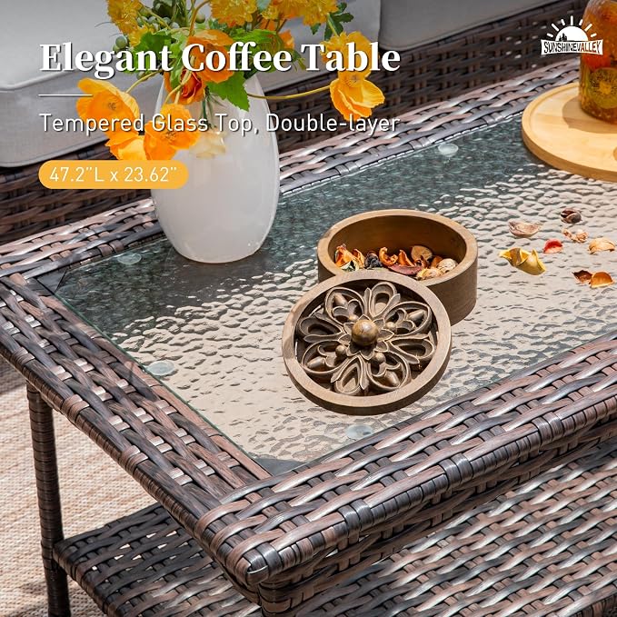 SUNSHINE VALLEY Patio Furniture Set with Swivel Chairs, High Back Wicker Rattan Furniture with 5.5" Thick Cushions and Coffee Table, Outdoor Conversation Set for Backyard Deck,5 Seats, Grey
