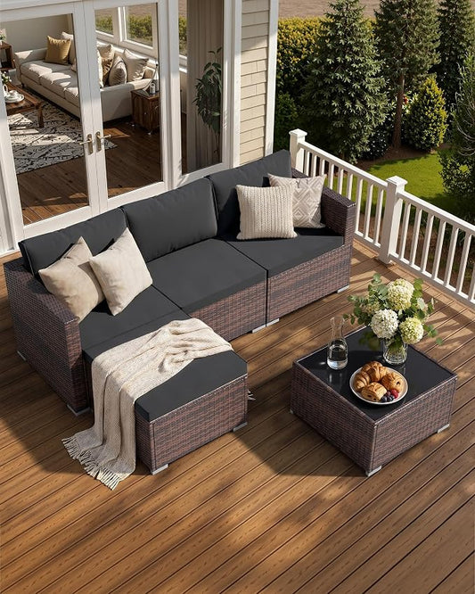 Skyfish Patio Furniture Set - Wide Armrests - All-Weather 5 Piece Outdoor Wicker Sectional Couch with Chaise Lounge,Couch Conversation Set, PE Rattan Sofa for Backyard Porch Poolside Brown/Medium Gray