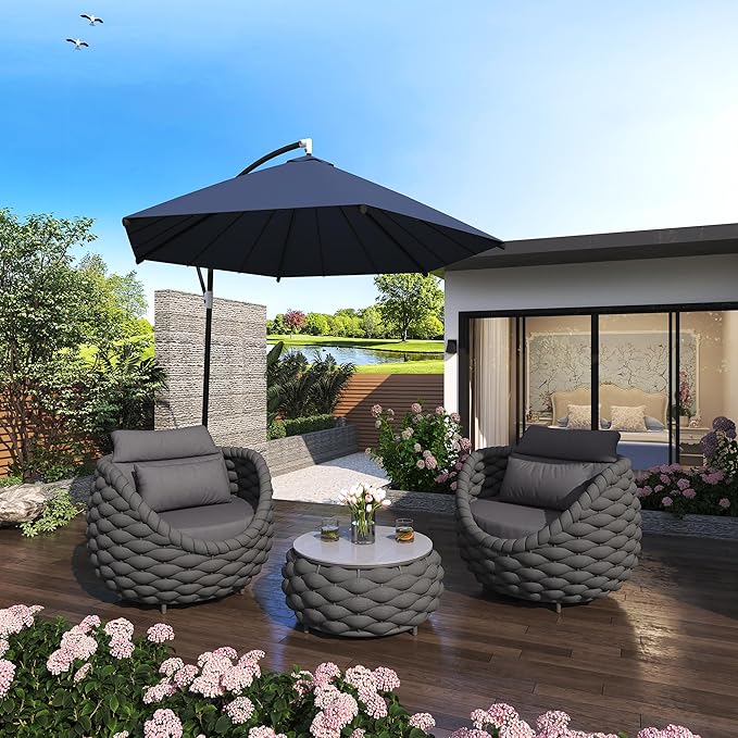 TWT 3 Piece Patio Furniture Set, Gray Woven Rope Conversation Set with Washable Cushions (Polyester Dark Grey Rope w/Dark Grey Cushion, 5pcs 4 Armchair+Table)