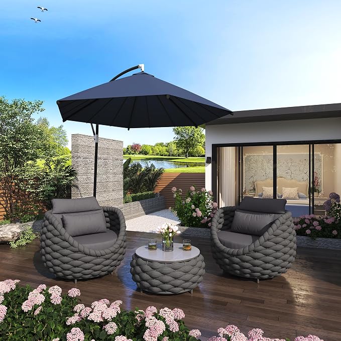 TWT 3 Pieces Aluminum Patio Furniture Set, Hand Woven Polyester Rope Modern Outdoor Set w/Washable Cushion Conversation Sofa Set Apartment Furniture for Poolside Balcony (Dark Grey)