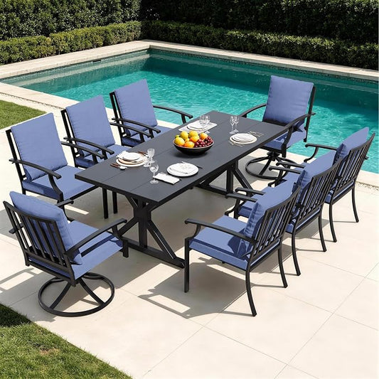 Kullavik 9 Pieces Outdoor Dining Set,Patio Dining Table and Chairs Set for 8,Fence Pattern Back Chairs with Thickened Cushions & X-Frame Metal Dining Table with Umbrella Hole for Patio,Navy Blue