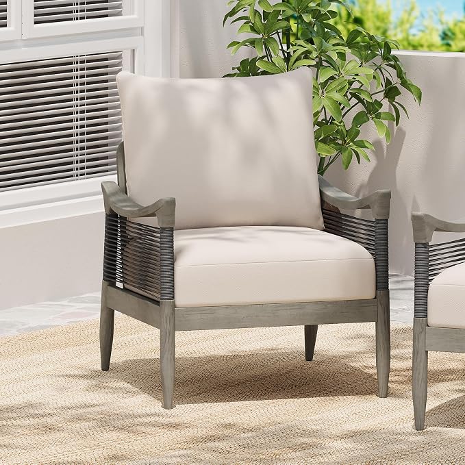 Merax Acacia Wood Patio Club Chair, Woven Rope Armchair with Cushion | Acacia wood frame, woven rope design, thick water-repellent cushion and deep seating for porch, garden, backyard or balcony