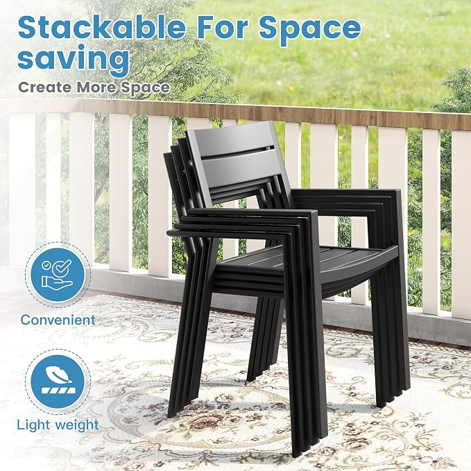 DIFY 5 Piece Outdoor Patio Dining Set for 4, 40.6" Round Dining Table with Umbrella Hole and Stackable Metal Chairs, Patio Table and Chairs Set for Backyard Garden Poolside, Walnut & Black