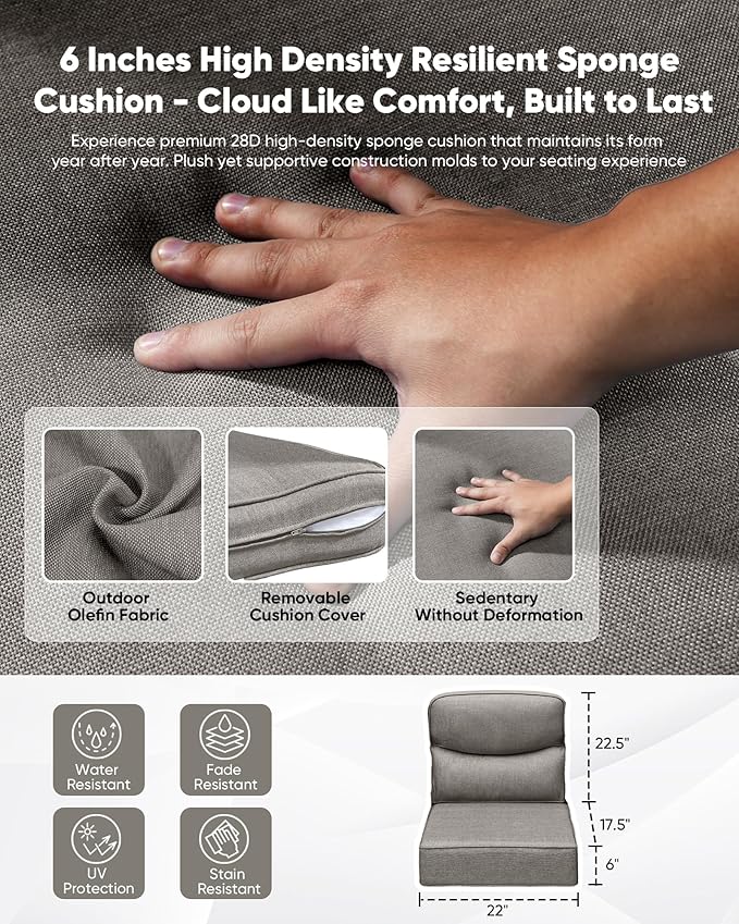 HUMMUH Luxury Patio Furniture Set 6-inch Thick Cushions High Back Swivel Rocker Chairs & 3 Seater-Couch & Steel Fire Pit Table 5 Pieces Outdoor Conversation Set for Porch,Deck,Backyard