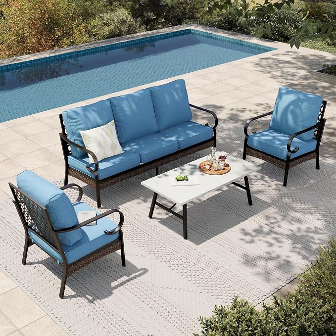 HERA'S HOUSE 4 Piece Metal Patio Furniture Set, All Weather Outdoor Conversation Set with 3 Seat Sofa, 2 x Cushioned Fixed Chair & Coffee Table, Seats 5 for Backyard, Garden, Deck, Navy Blue