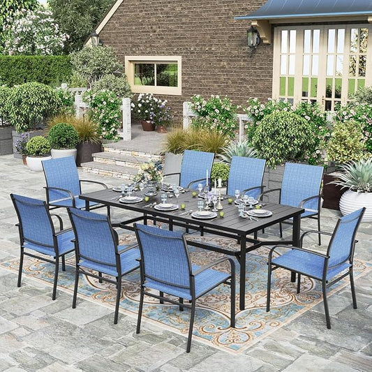 HERA'S HOUSE 9pc Outdoor Patio Dining Set for 8, Textilene Chairs, Blue | 83" Rectangular Metal Table with umbrella hole. Waterproof, rust-resistant, all-weather for backyard, porch