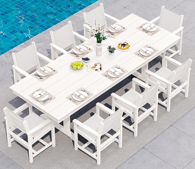 SERWALL 9 Piece 84" HDPE Outdoor Dining Set for 8 with Textilene Chairs and Umbrella Hole, White