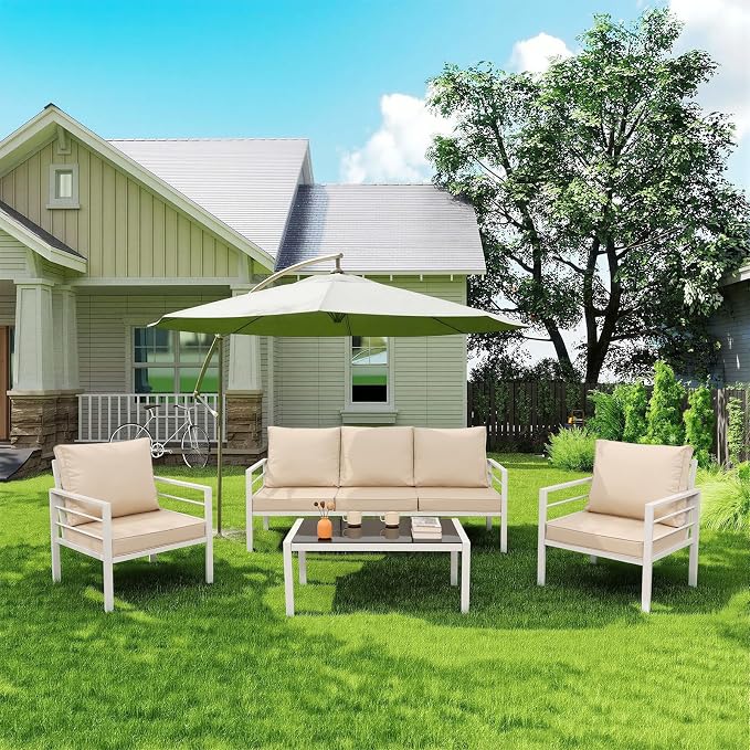 Rattaner 4-Piece Patio Furniture Set White Frame Outdoor Sofa Set High Backrest Seater Glass Coffee Table All-Weather Metal Outdoor Furniture Set with Non-Slip Cushions and Waterproof Covers, Khaki
