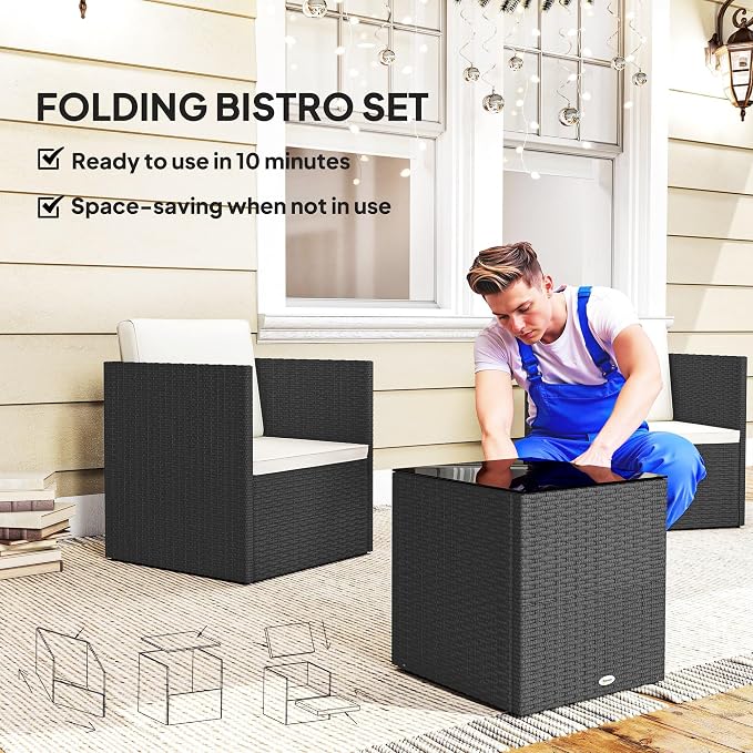 Outsunny 3 Piece Patio Furniture Set, Folding Outdoor Wicker Bistro Set with Washable Cushions, Adjustable Feet, and Glass Coffee Table, Easy Assembly for Garden, Balcony, Poolside, Backyard, Black