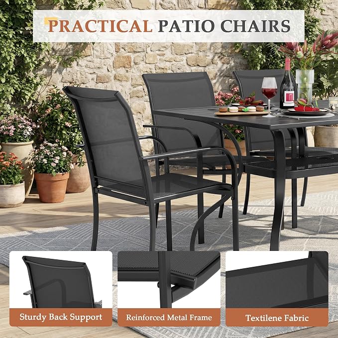 Crownland 7 Piece Patio Dining Set, Outdoor Textilene Dining Sets, 6 Textilene Metal Chairs and Rectangular Outdoor Dining Table with Sky Blue 9FT Round Outdoor Umbrella (Black)