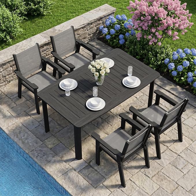 5-Piece HDPE Outdoor Dining Set for 4, Outdoor Table and Chairs | Weather Resistant Patio Table and Textilene Chairs set, Square Table with Umbrella Hole for Garden, Backyard and Lawn, Black