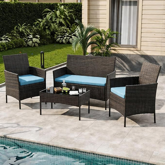 GAOMON 4-Piece Patio Furniture Set, Modern PE Rattan Conversation Set with 2 Chairs, Loveseat & Tempered Glass Coffee Table, All-Weather Outdoor Seating for Garden, Porch, Balcony, Poolside