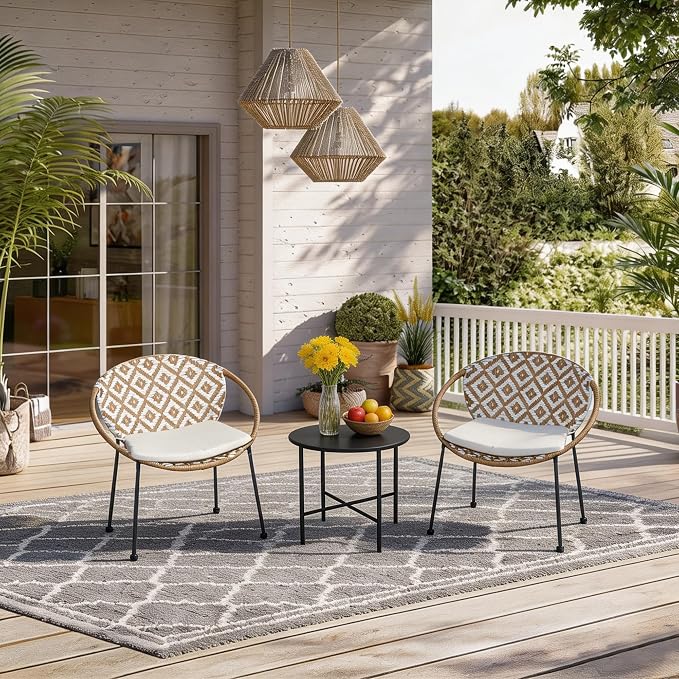 3-Piece Outdoor Patio Bistro Set, Wicker Chairs with Cushions, PE Rattan All-Weather Conversation Set with Coffee Table for Balcony, Porch, Backyard, Poolside, Garden, Deck, White