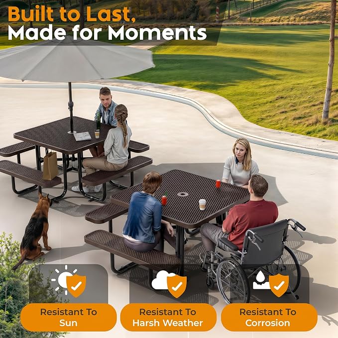 Metal Picnic Tables for Outdoors with Umbrella Hole - Coated Steel Heavy Duty Commercial Grade Furniture (Brown, 46 in, Square, Expanded Steel)