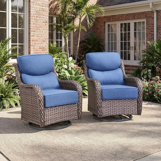 Rilyson Wicker Outdoor Swivel Rocker Chairs - All Weather Resistant Wicker Patio Furniture Set of 2 with High Back and 6 inch Thick Cushions for Deck Porch Yard and Poolside, Brown/Blue
