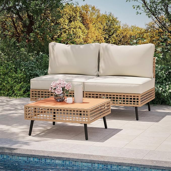 LAUSAINT HOME Outdoor 3 Pieces PE Wicker Patio Conversation Set, All-Weather Rattan Sectional Sofa with Thick Cushions & Coffee Table for Garden, Yard and Balcony (Beige)