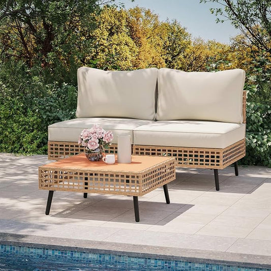 LAUSAINT HOME Outdoor 3 Pieces PE Wicker Patio Conversation Set, All-Weather Rattan Sectional Sofa with Thick Cushions & Coffee Table for Garden, Yard and Balcony (Beige)