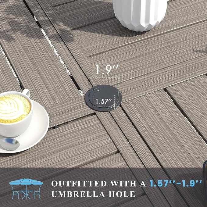 VICLLAX 47.2" Round Patio Table with Umbrella Hole, All Weather Metal Outdoor Dining Table for 6, Outside Table with Storage Shelf for Lawn Garden, Grey Wood-Grain Finish