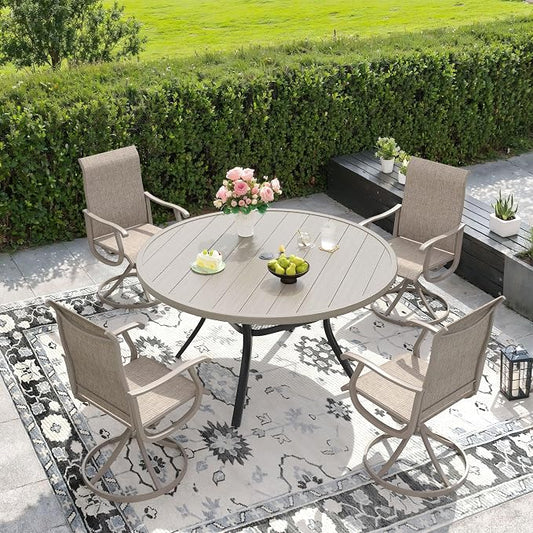 DIFY Outdoor Dining Set for 4, 5 Piece Patio Table and Chairs Set, Swivel Patio Chairs with Sandshell Textilene & 47.2" Grey Wood-Like Round Metal Dining Table with Umbrella Hole, for Garden Backyard