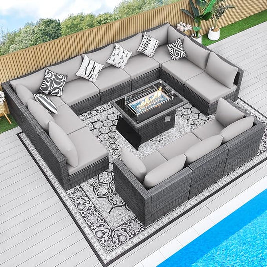 BULEXYARD 13 Piece High Back Outdoor Furniture Sets with Fire Pit, Luxury Patio Sectional Couch Sofa 12-Seater Modular, Comfortable Extra Large Wide Deep Backyard Seating Conversation Set, Light Grey