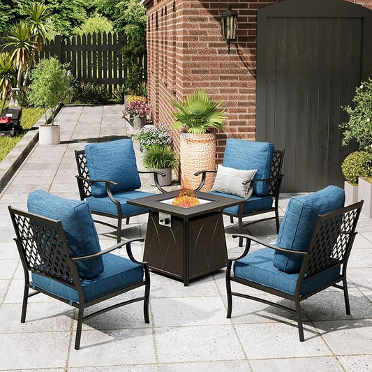 MIXPATIO Patio Furniture Set with Fire Pit Table, 5 Pcs Metal Outdoor Conversation Set, 4 Single Chairs with 5.75" Extra Thick Cushion and 28" Fire Pit Table for Backyard Deck, Green Blue