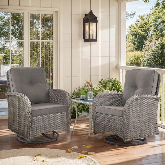 Outdoor Swivel Glider Rocker Chairs - 3 Piece Wicker Patio Furniture Set, All Weather Patio Bistro Sets with Glass Side Table for Balcony Porch Deck Backyard - Grey Wicker Grey Cushion