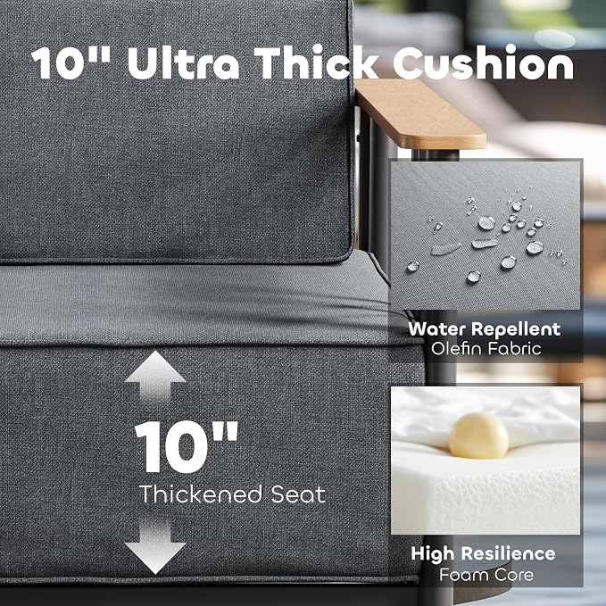 Luxury Patio Furniture Set with 10" Extra Thick Cushions, 8 PCS Outdoor Furniture Set with Patio Chairs & Couch & Coffee Table, Suitable for Porch, Balcony, Deck, Yard, Poolside, Black/Grey