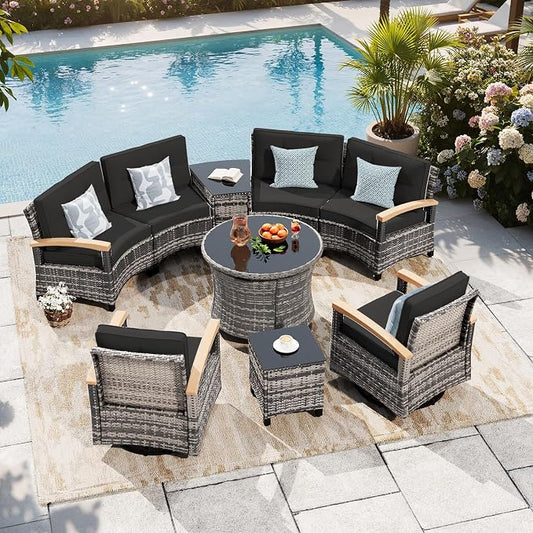 MEISSALIVVE 9-Piece Half-Moon Curved Outdoor Patio Furniture Set, Sectional Conversation Sofa with 2 Swivel Glider Chairs, Round Coffee Table for Backyard Deck Garden, Black