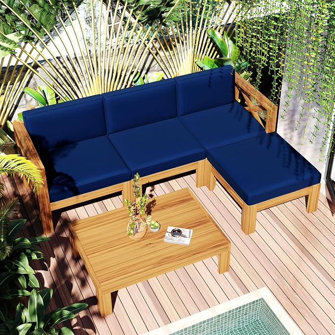 Acacia Wood 5-Piece Patio Sectional Sofa Set, All-Weather Outdoor Conversation Set, Corner Design Patio Set with Coffee Table and Updated Cushions for Backyard Porch Courtyard Poolside (Natural+Blue)