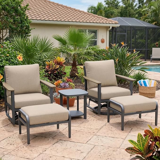 Aluminum Patio Swivel Rocking Chair Outdoor Bistro Set with Ottomans, 5PCS Patio Conversation Set Outdoor Patio Furniture Set with High Backrest & Thickened Cushions for Deck and Balcony, Sand