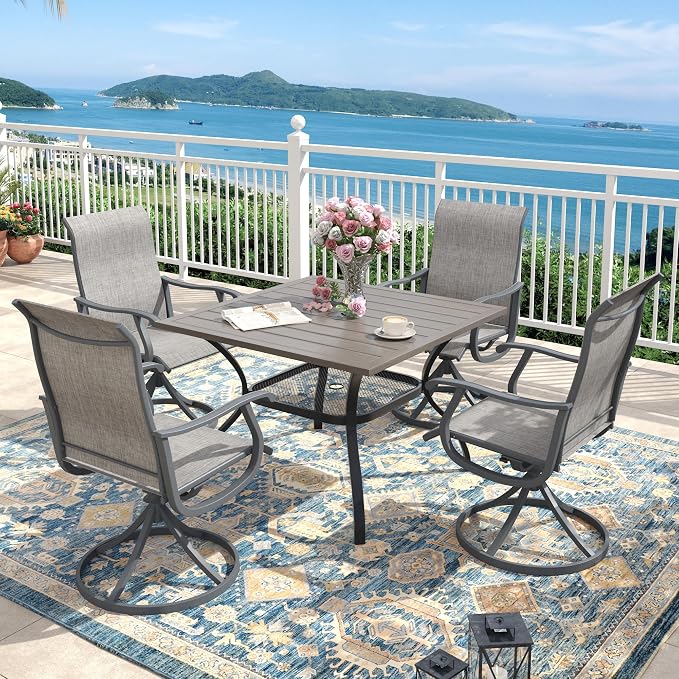 Outdoor Dining Set for 4, 37.8" Metal Outdoor Dining Table with Umbrella Hole and Sling Patio Swivel Chairs, 5 Pieces Patio Table and Chairs Set for Garden Backyard, Grey