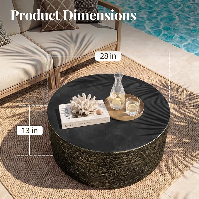 UPHA 28" Round Outdoor Coffee Table, Modern Hollow Concrete Patio Table, Small Minimalist Low Accent Table for Living Room, Balcony, Deck, Backyard, Bronze