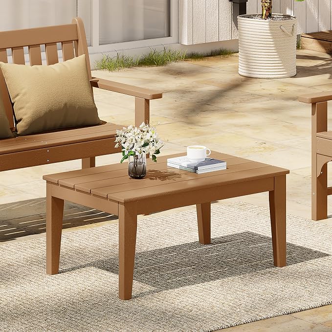 Costaelm Adirondack Outdoor Coffee Table, HDPE Drink Table Weather Resistant, Patio Porch Accent Balcony Table Outdoor End Table for Pool, Seaside, Backyard, Teak