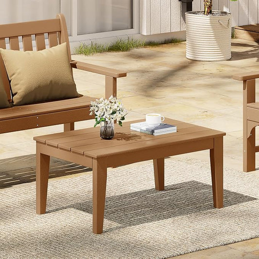 Costaelm Adirondack Outdoor Coffee Table, HDPE Drink Table Weather Resistant, Patio Porch Accent Balcony Table Outdoor End Table for Pool, Seaside, Backyard, Teak